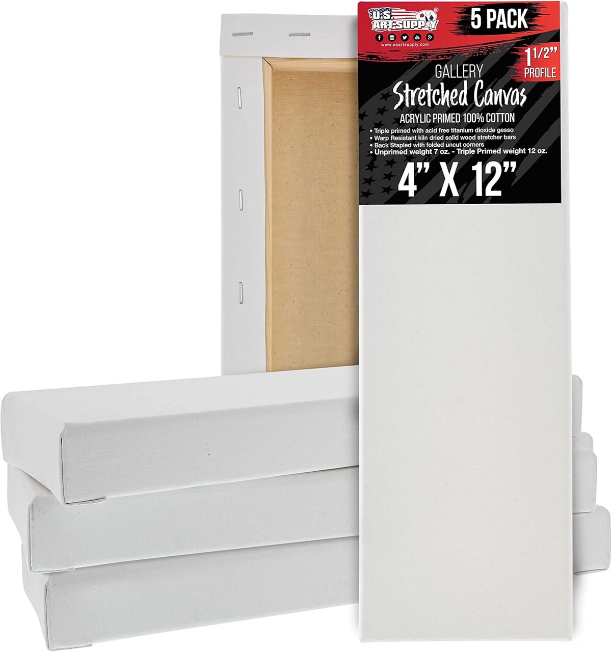 5-Pack Bulk White Stretched Canvas for Painting 4" x 12" Gallery Depth 1-1/2" Profile - Professional Artist Quality, 100% Cotton 12-Ounce Gesso Triple Primed for Acrylic Pouring, Oil